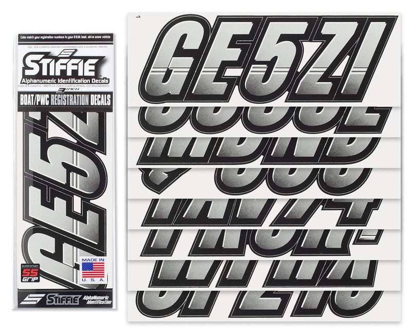 STIFFIE Techtron Metallic Silver/Black 3â€ Super Sticky Boat & PWC Registration Decals â€¢ Numbers Letters Stickers - Image 2
